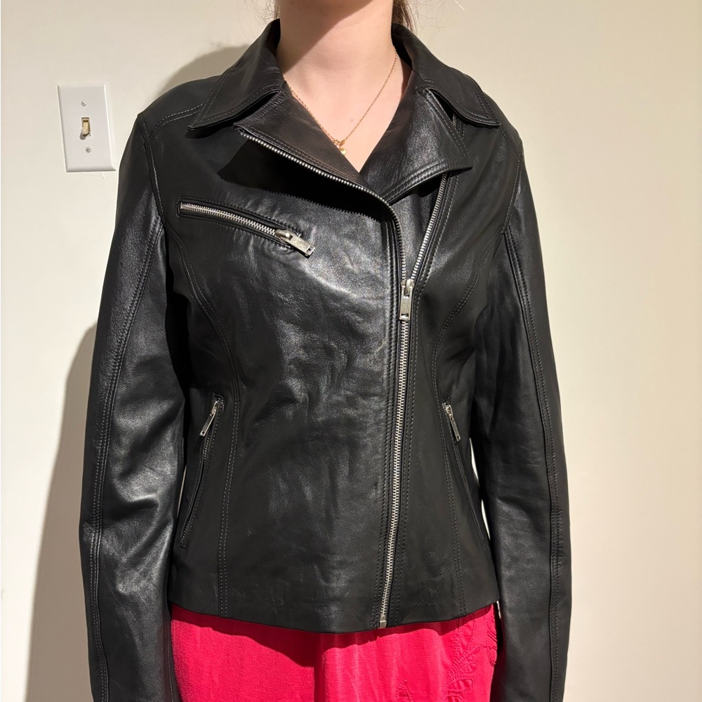 Black Leather Zip Moto Jacket - Women